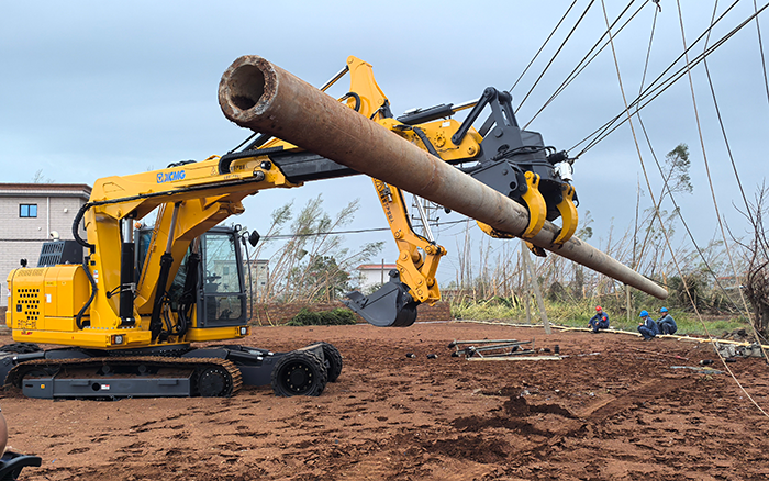 “摩羯”来袭，，优德88开挖立杆一体机跑赢时间助力抗灾复电抢修